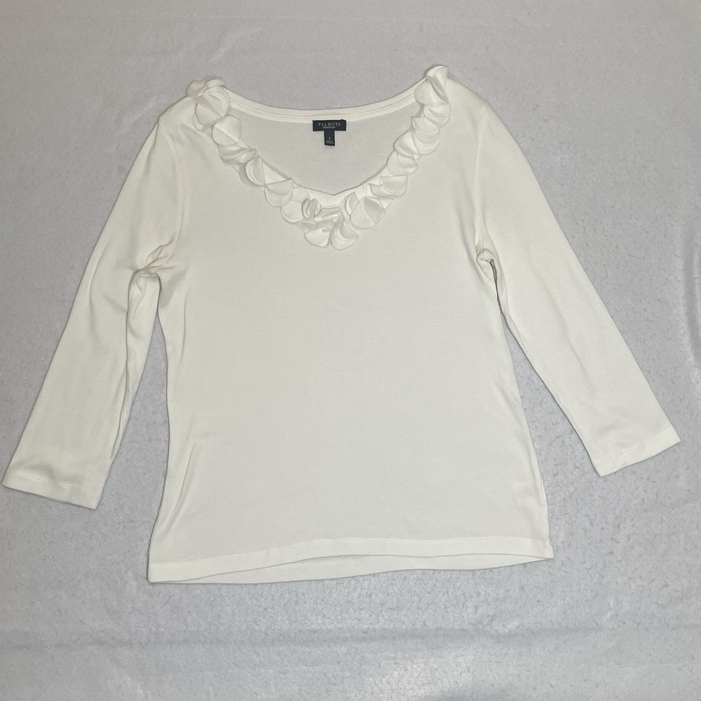 Talbots Women's Small Ivory Ruffle Neck 3/4 Sleeve Cotton Modal Top